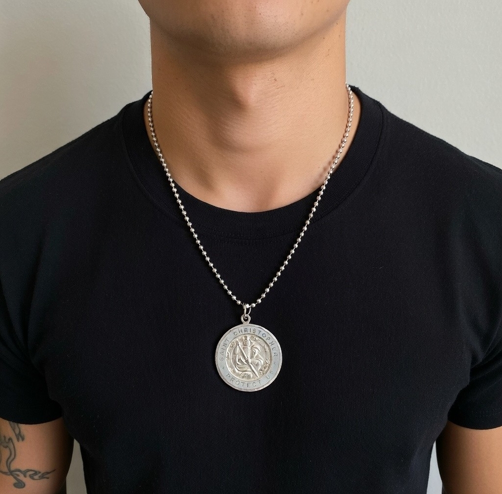 Saint Christopher Protect Us Medal Pendant Necklace Chain Silver Tone Religious